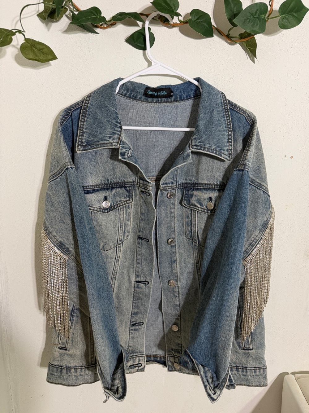 Embellished Light Wash Denim Jacket with Fringe